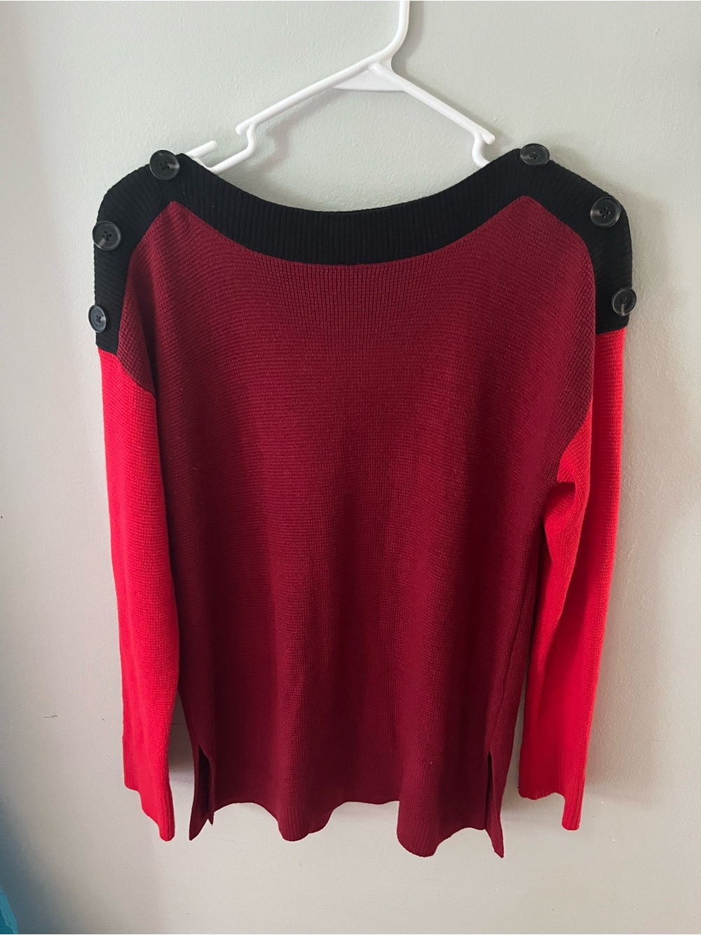 Vince Camuto Two-Tone Red Off-the-Shoulder Button Sweater